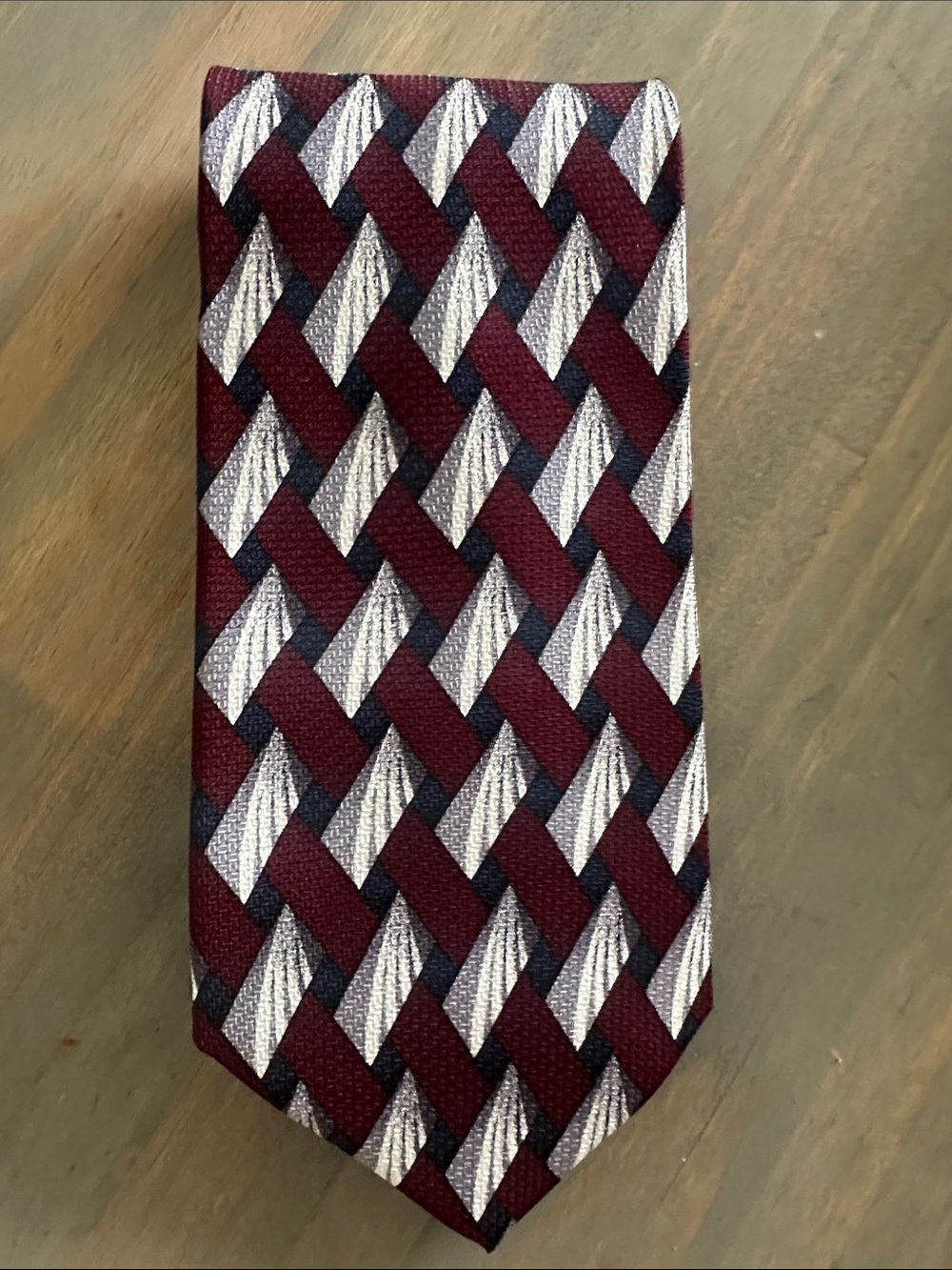 Men's Burgundy and Silver Basketweave Tie. Designed Italy, handmade ,100 silk
